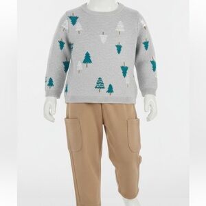 New! First Impressions Light Gray Sweater & Tan Pants Kids Set, 0-3 Months